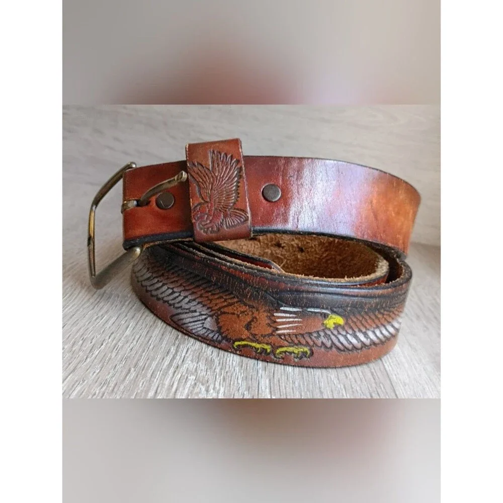 Vintage Tooled Leather Belt Men's Sz 46 Eagle Brass Buckle Made in USA Signed